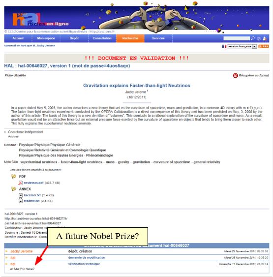Comment from the CNRS, regarding the Spacetime Model